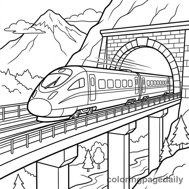 Bullet Train Exiting Tunnel - Daily printable coloring page in Vehicle category