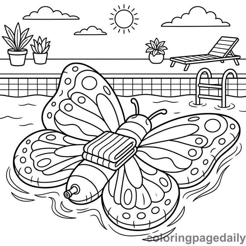Butterfly Pool Float Relaxation - Daily printable coloring page in Summer Vacation category