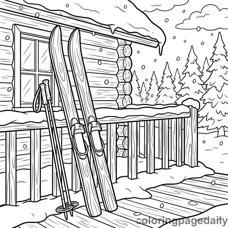 Cabin Porch Winter Skis - Daily printable coloring page in Winter and Snow Season category