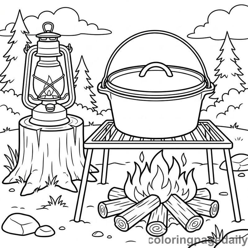 Campfire Dutch Oven Cooking - Daily printable coloring page in Summer Vacation category