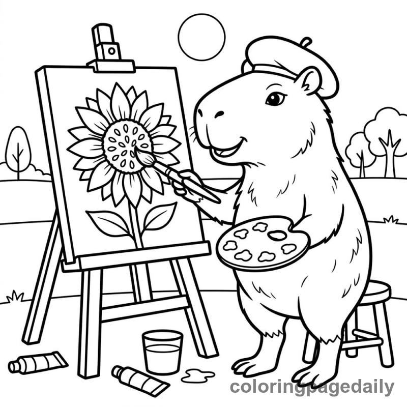 Capybara Artist Painting - Daily printable coloring page in Animals category