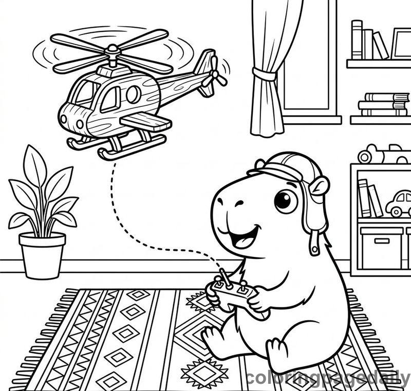 Capybara Flying Toy Helicopter - Daily printable coloring page in Animals category