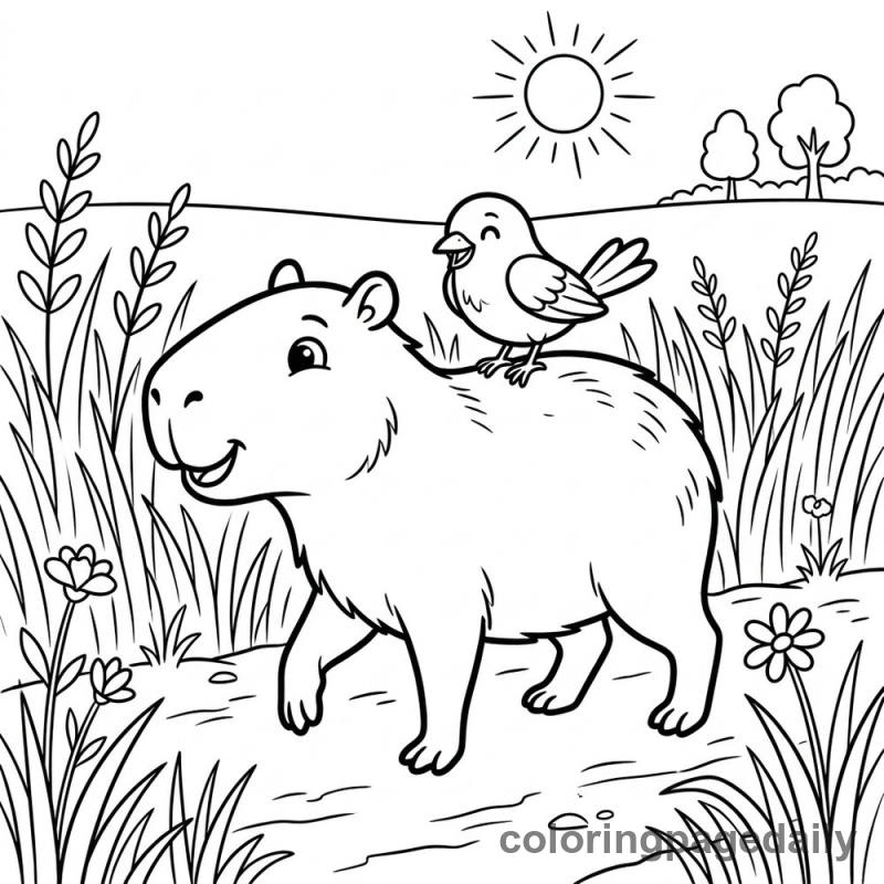 Capybara Gives a Piggyback Ride - Daily printable coloring page in Animals category