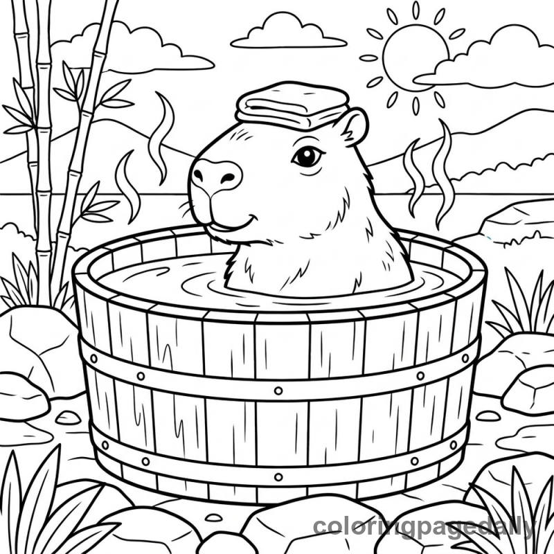 Capybara Hot Spring Bath - Daily printable coloring page in Animals category