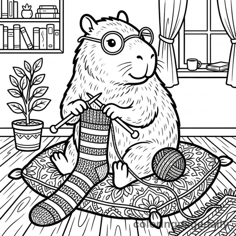 Capybara Knitting Striped Sock - Daily printable coloring page in Animals category