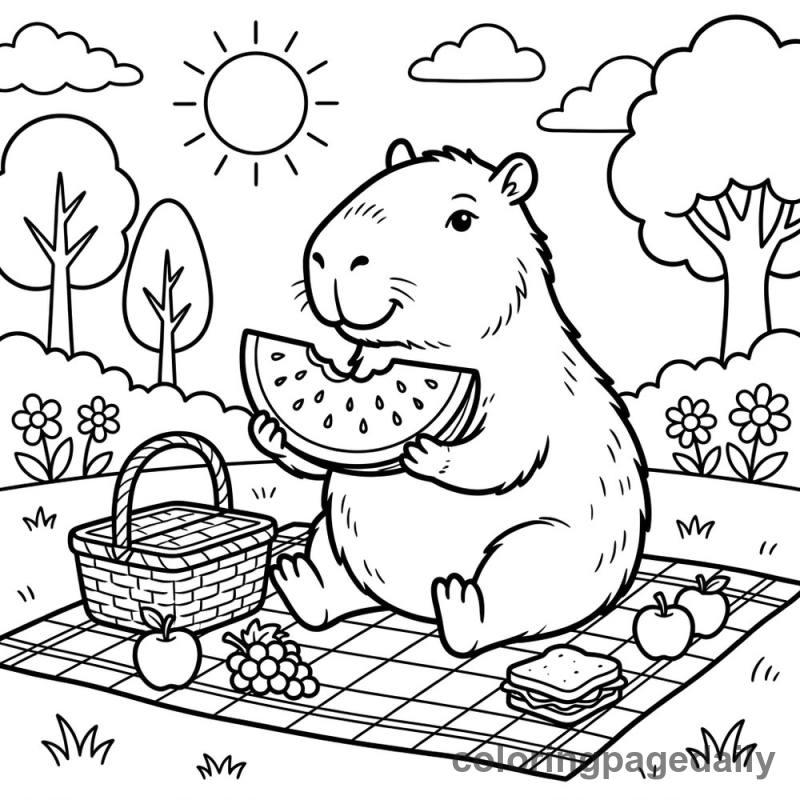 Capybara Picnic Fun - Daily printable coloring page in Animals category