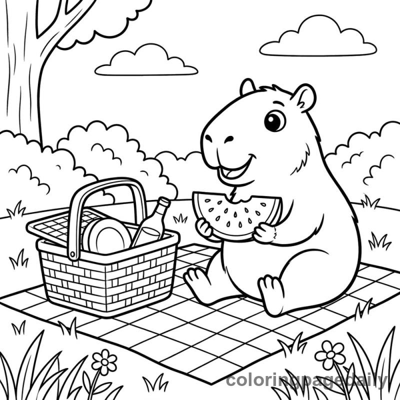 Capybara Picnic Fun - Daily printable coloring page in Animals category