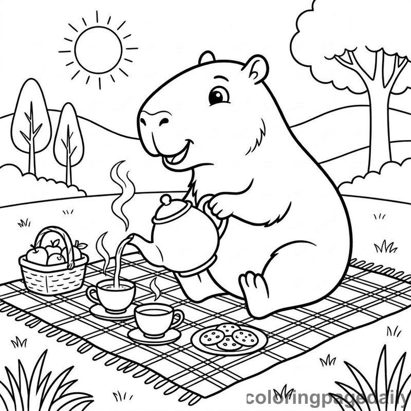 Capybara Picnic Tea Time - Daily printable coloring page in Animals category