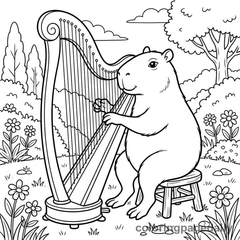 Capybara Playing Classical Harp - Daily printable coloring page in Animals category
