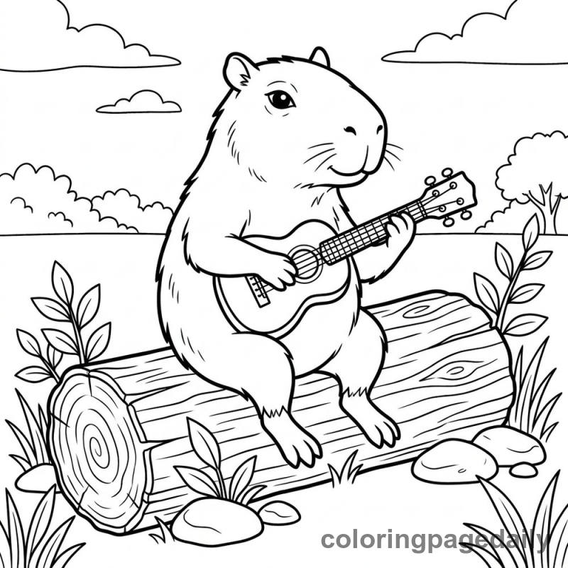 Capybara Playing Ukulele - Daily printable coloring page in Animals category