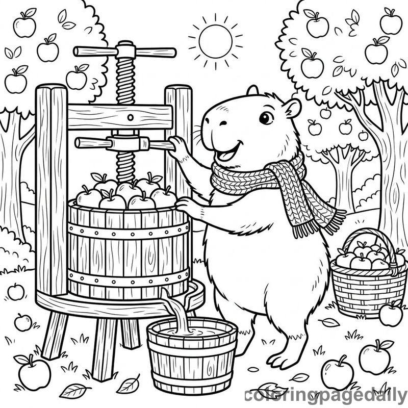 Capybara Pressing Apple Cider - Daily printable coloring page in Animals category