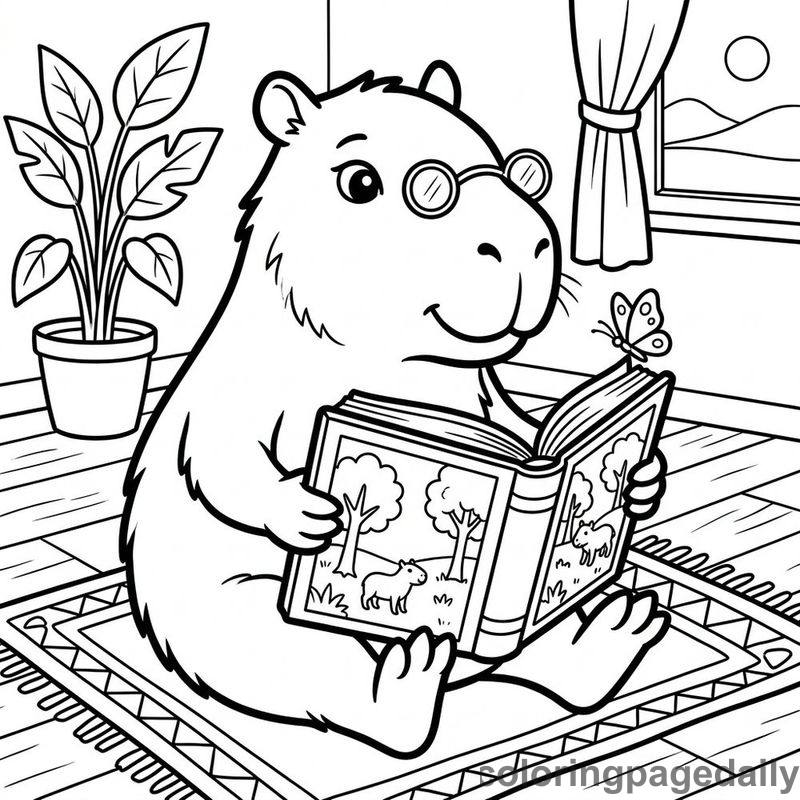 Capybara Reading A Storybook - Daily printable coloring page in Animals category