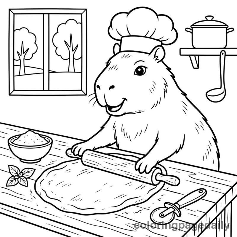 Capybara Rolling Pizza Dough - Daily printable coloring page in Animals category