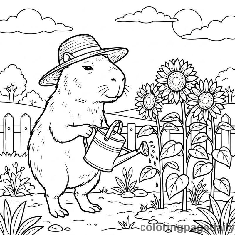 Capybara Watering Sunflowers - Daily printable coloring page in Animals category