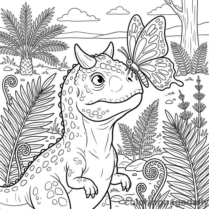 Carnotaurus And Prehistoric Butterfly - Daily printable coloring page in Dinosaur category