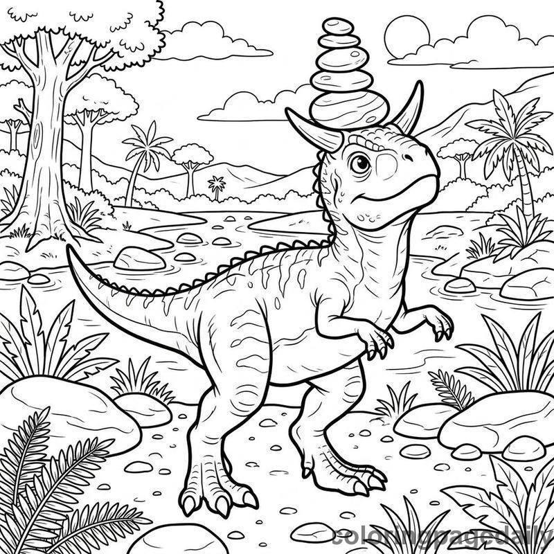 Carnotaurus Balancing River Stones - Daily printable coloring page in Dinosaur category