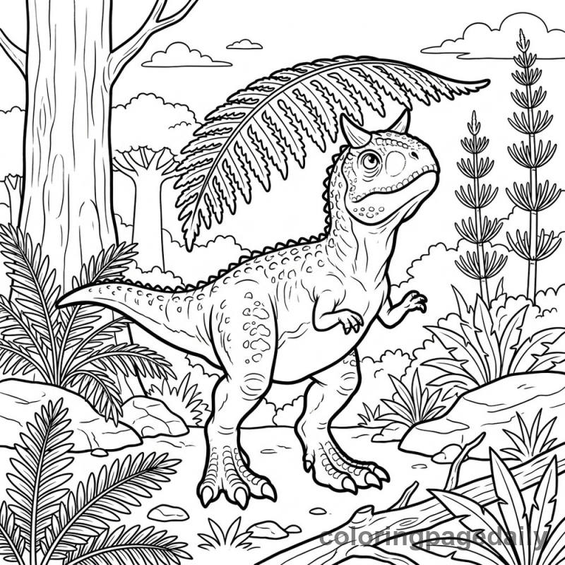 Carnotaurus Wearing Fern Hat - Daily printable coloring page in Dinosaur category