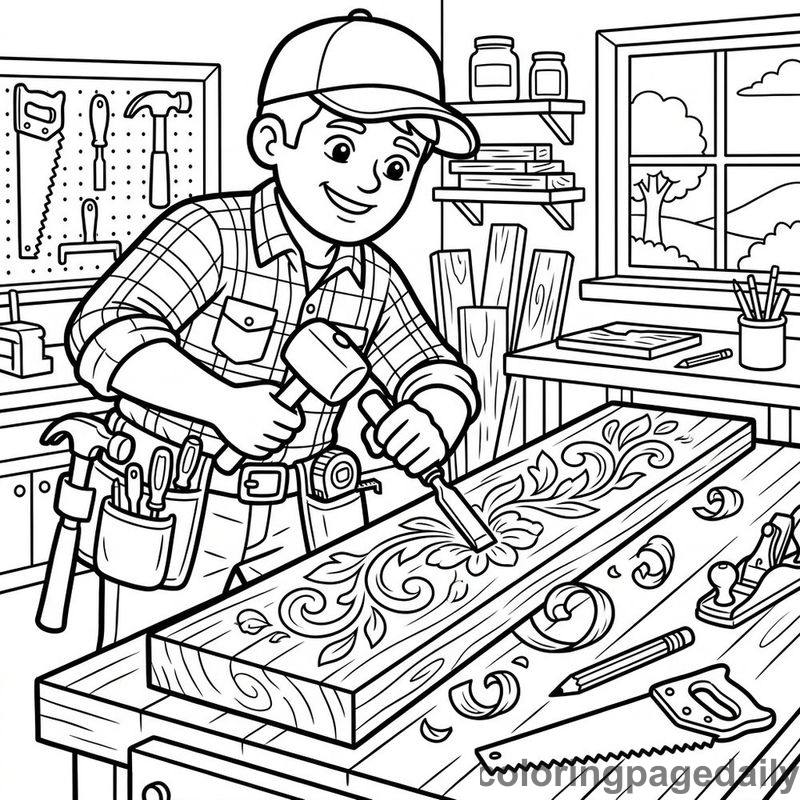 Carpenter Carving Wood Plank - Colored reference example