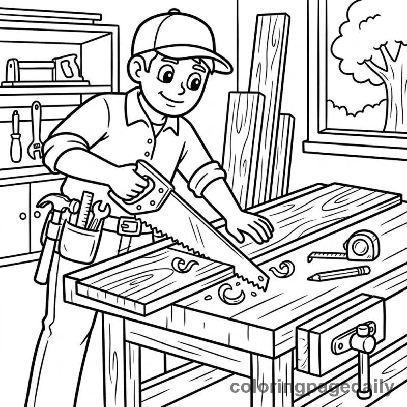 Carpenter Sawing Wooden Board - Colored reference example
