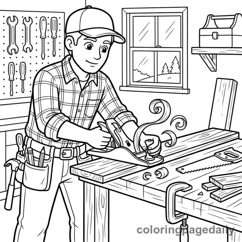 Carpenter Smoothing Wooden Board - Daily printable coloring page in Professions category