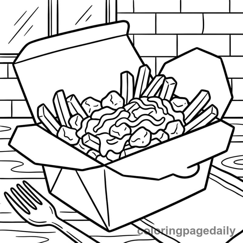 A Carton of Classic Poutine - Daily printable coloring page in Food category