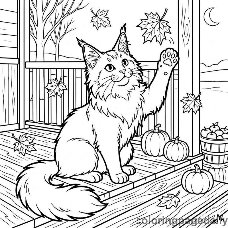 Cat Swatting Maple Leaf - Daily printable coloring page in Halloween and Autumn category