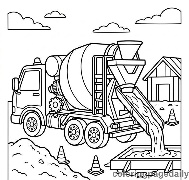 Cement Mixer Pouring Concrete - Daily printable coloring page in Vehicle category