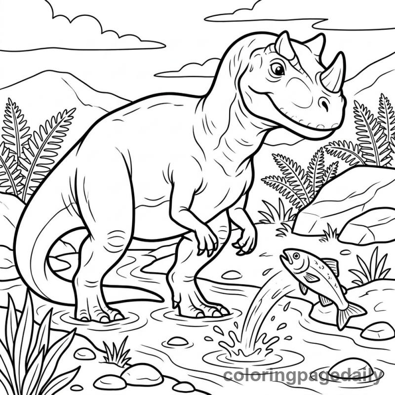Ceratosaurus At The Stream - Daily printable coloring page in Dinosaur category