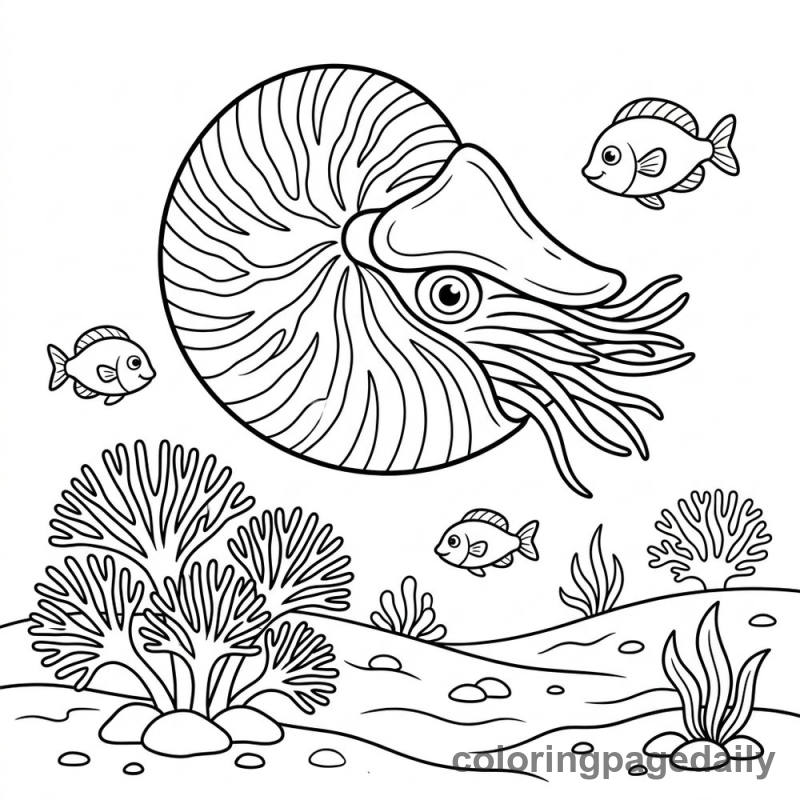 Chambered Nautilus And Coral - Daily printable coloring page in Ocean and Underwater Life category