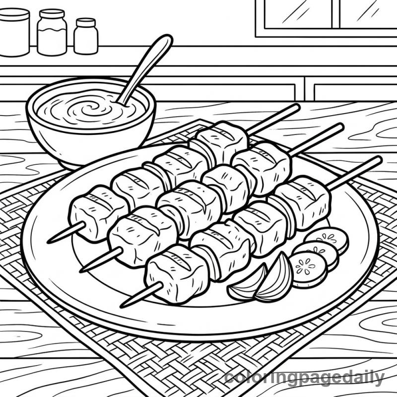 Chicken Satay Skewers - Daily printable coloring page in Food category