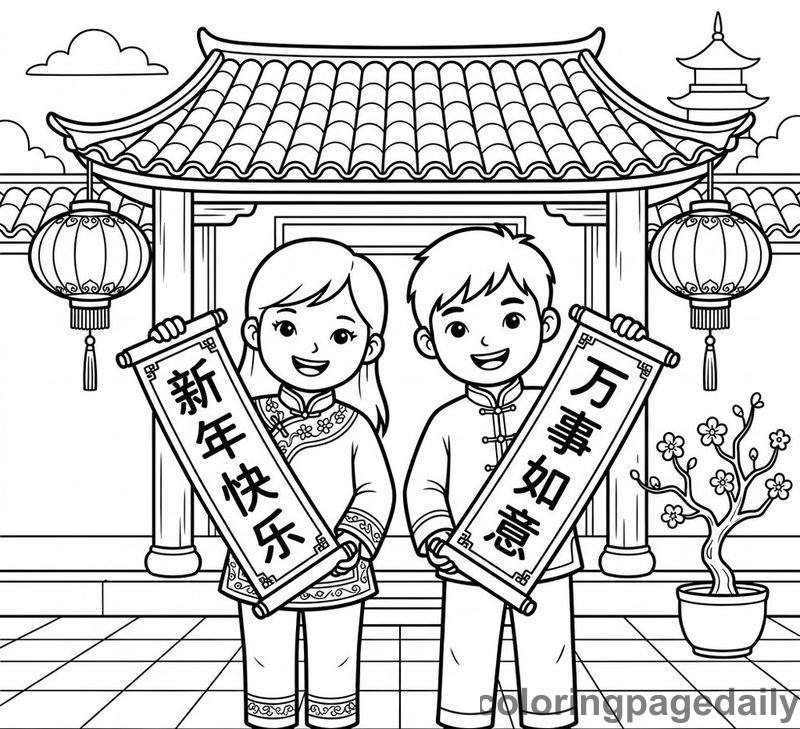 Children Holding Couplets - Daily printable coloring page in Chinese New Year category