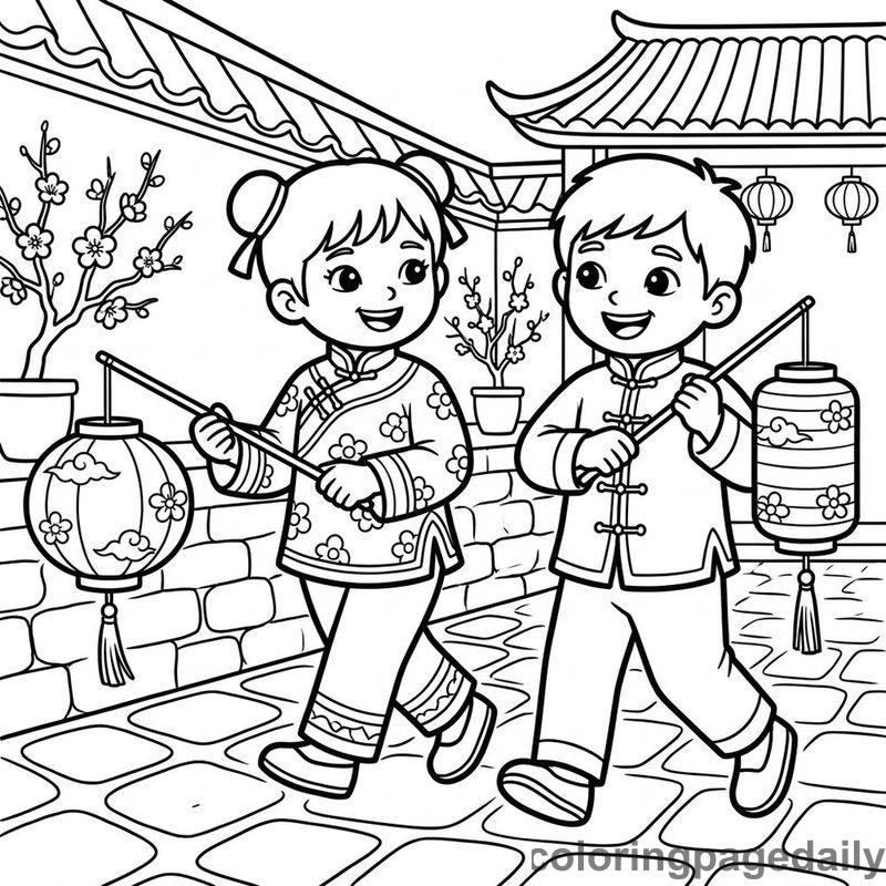 Children With Lanterns - Daily printable coloring page in Chinese New Year category