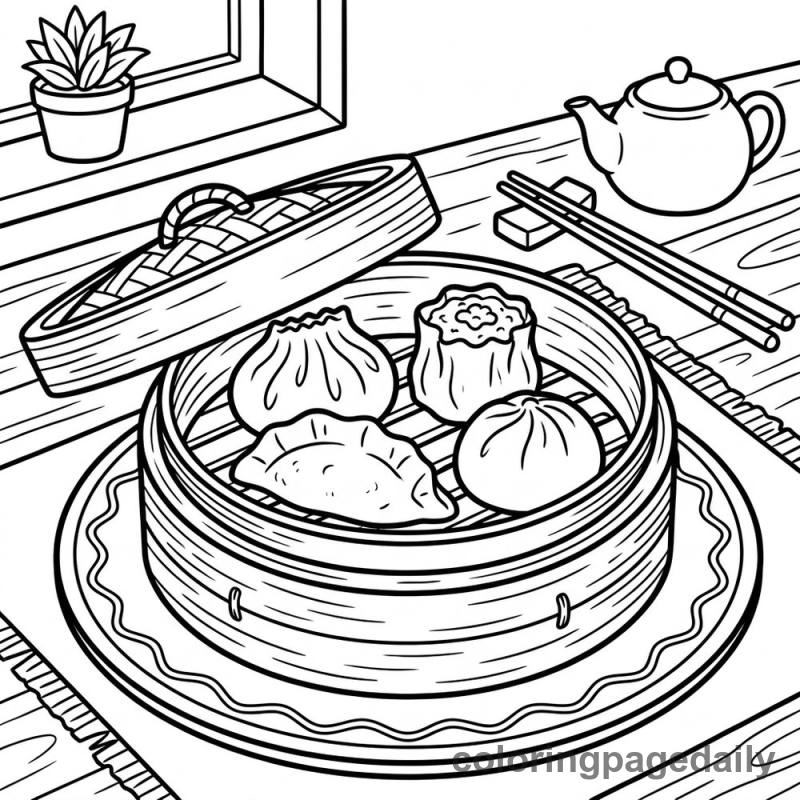 Chinese Dim Sum Basket - Daily printable coloring page in Food category