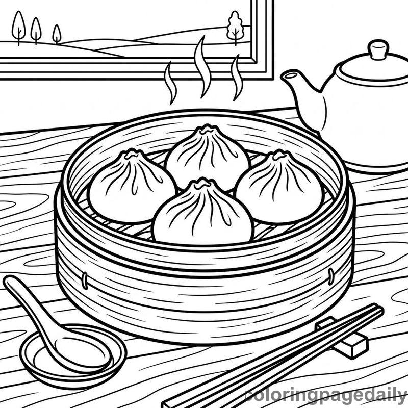 Chinese Soup Dumplings Basket - Daily printable coloring page in Food category