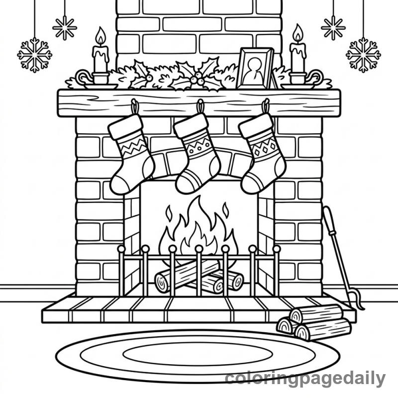 Christmas Fireplace Scene - Daily printable coloring page in Christmas category