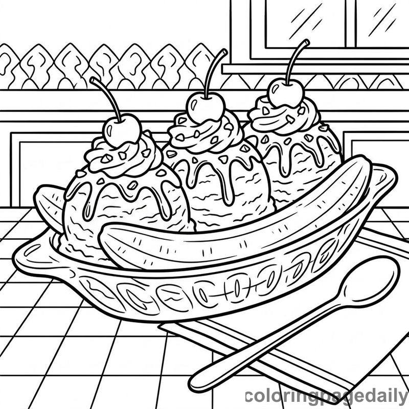 Classic Banana Split Dessert - Daily printable coloring page in Food category