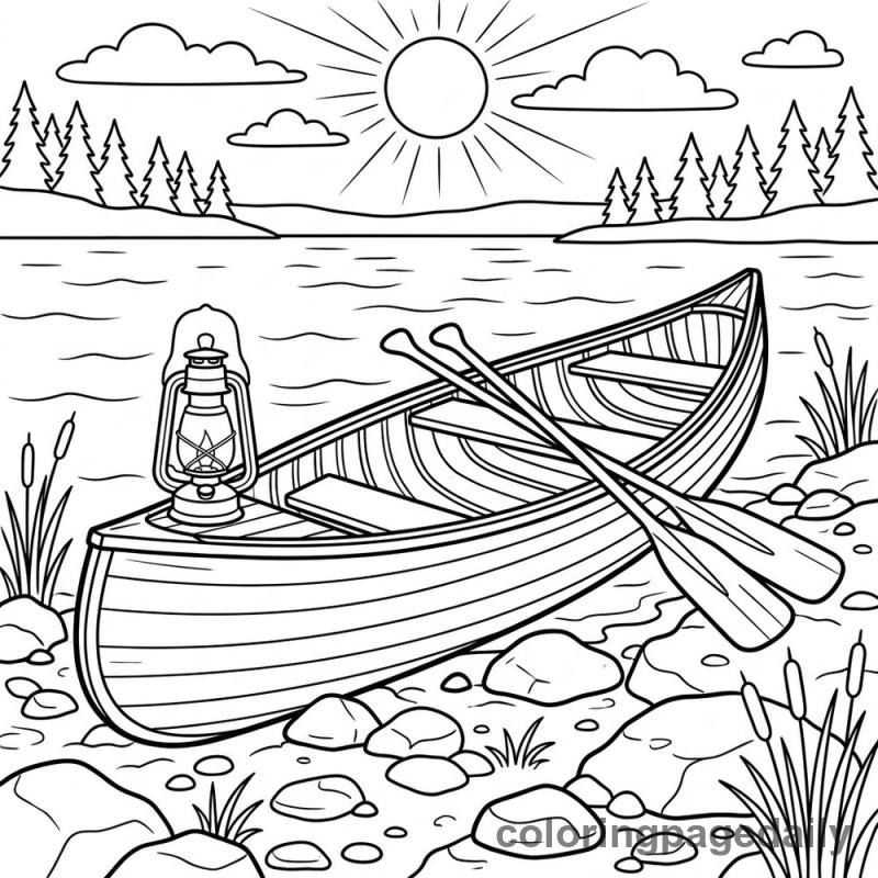 Classic Canoe On Lake Shore - Daily printable coloring page in Vehicle category