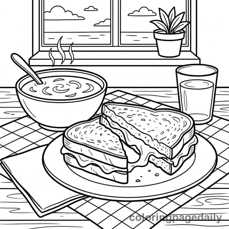 Classic Grilled Cheese And Soup - Daily printable coloring page in Food category