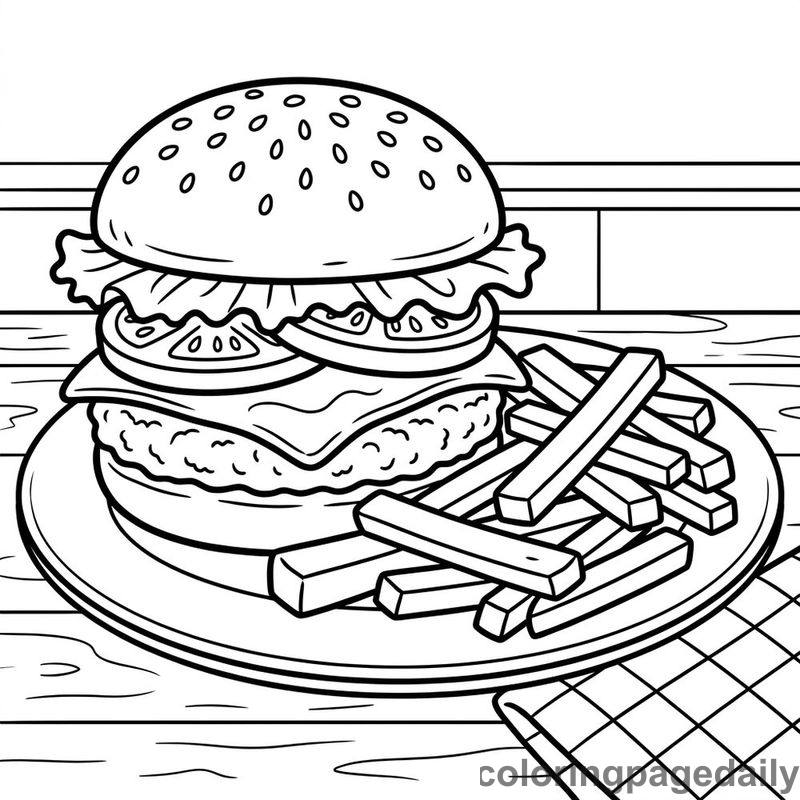 Classic Hamburger And Fries - Daily printable coloring page in Food category