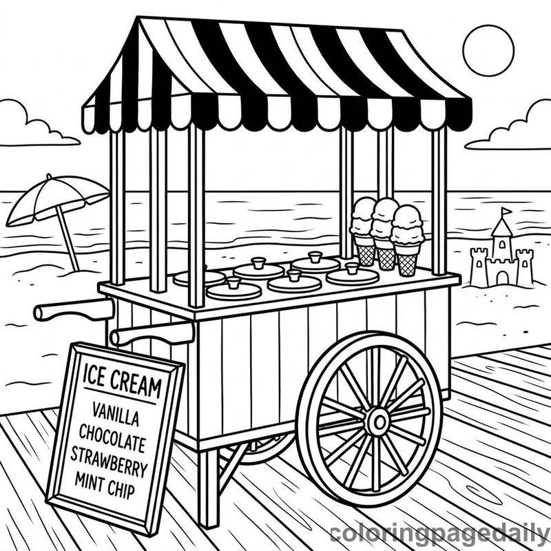 Classic Summer Ice Cream Cart - Daily printable coloring page in Summer Vacation category
