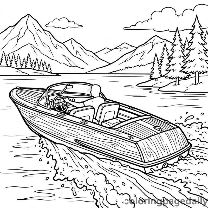 Classic Wooden Speedboat Cruising - Daily printable coloring page in Vehicle category