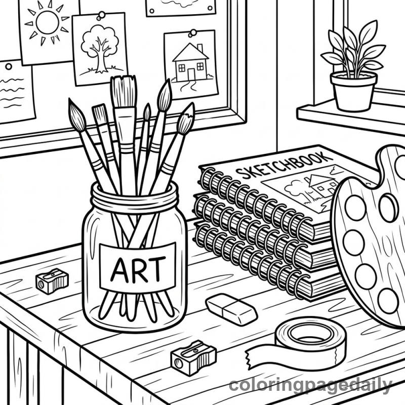 Classroom Art Supplies Station - Daily printable coloring page in Back to School category