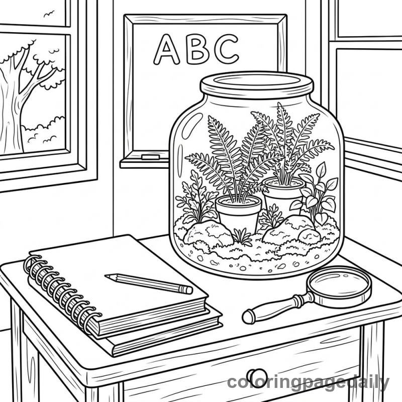 Classroom Terrarium And Notebook - Daily printable coloring page in Back to School category