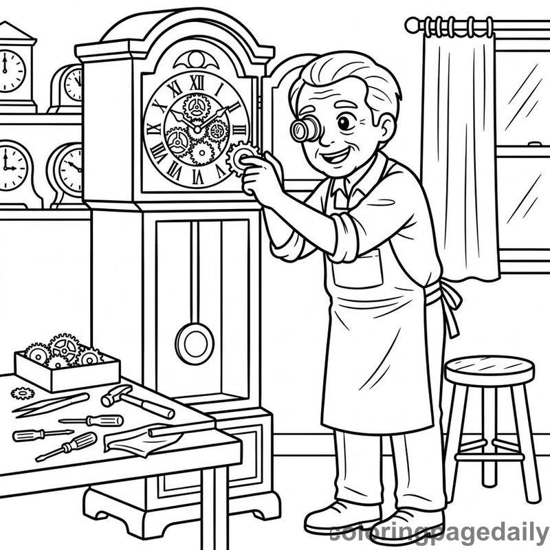 Clockmaker Repairing Grandfather Clock - Colored reference example