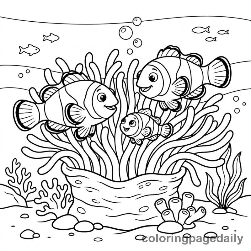 Clownfish Family in Anemone - Daily printable coloring page in Ocean and Underwater Life category