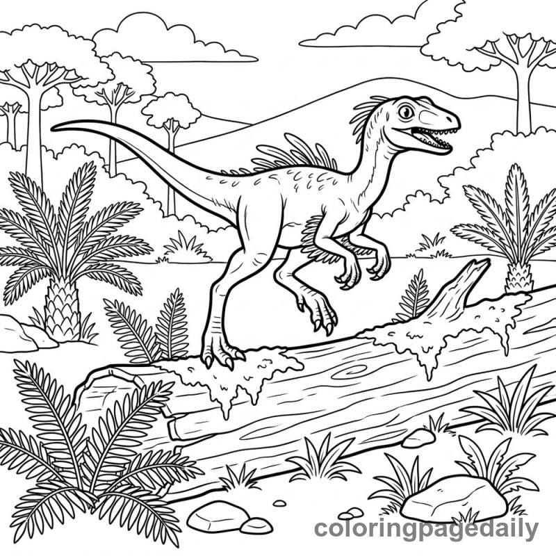Compsognathus Jumping Log - Daily printable coloring page in Dinosaur category