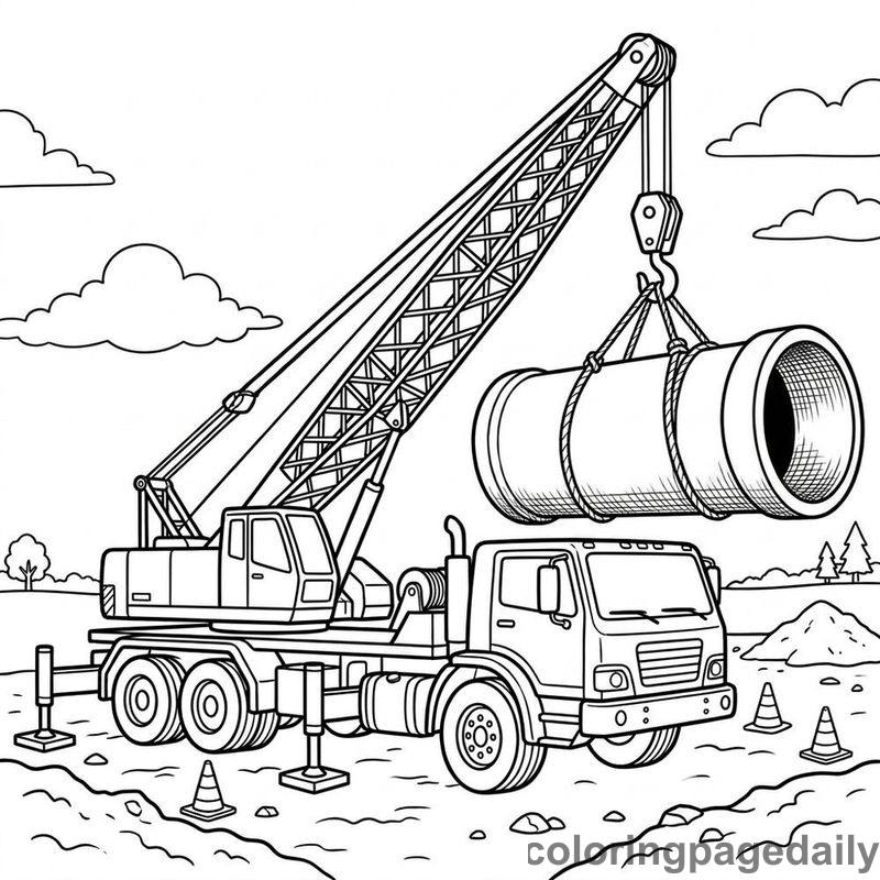 Construction Crane Lifting Pipe - Daily printable coloring page in Vehicle category