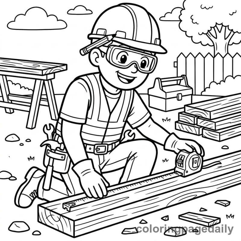 Construction Worker Measuring Wood - Colored reference example