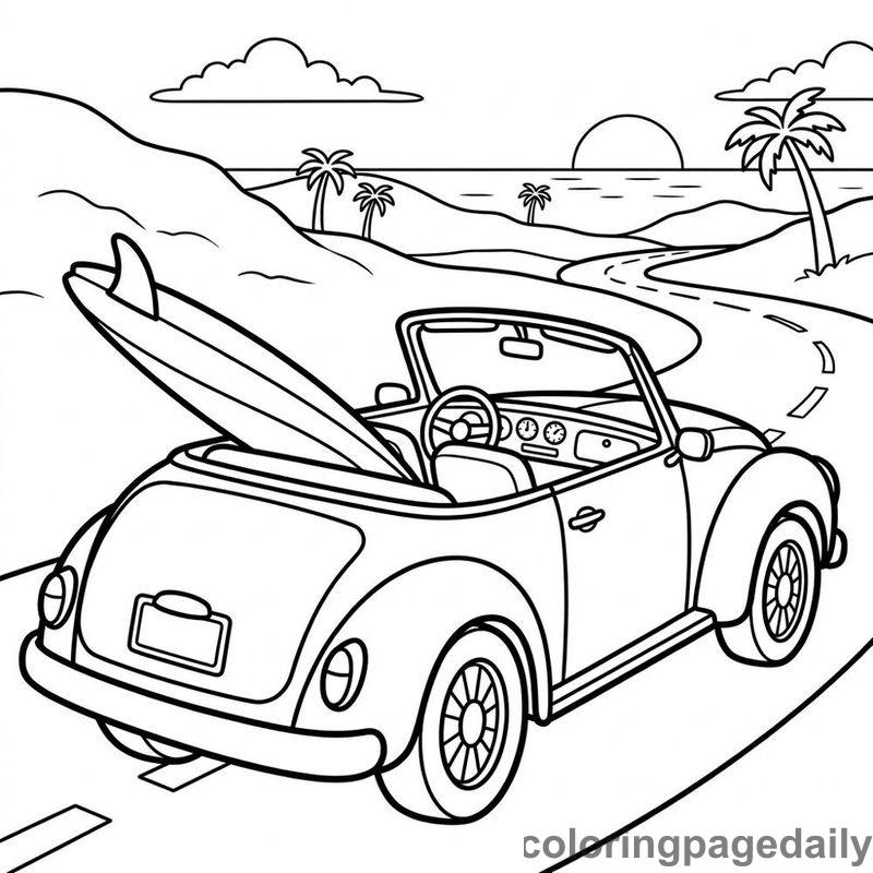 Convertible With Surfboard - Daily printable coloring page in Vehicle category