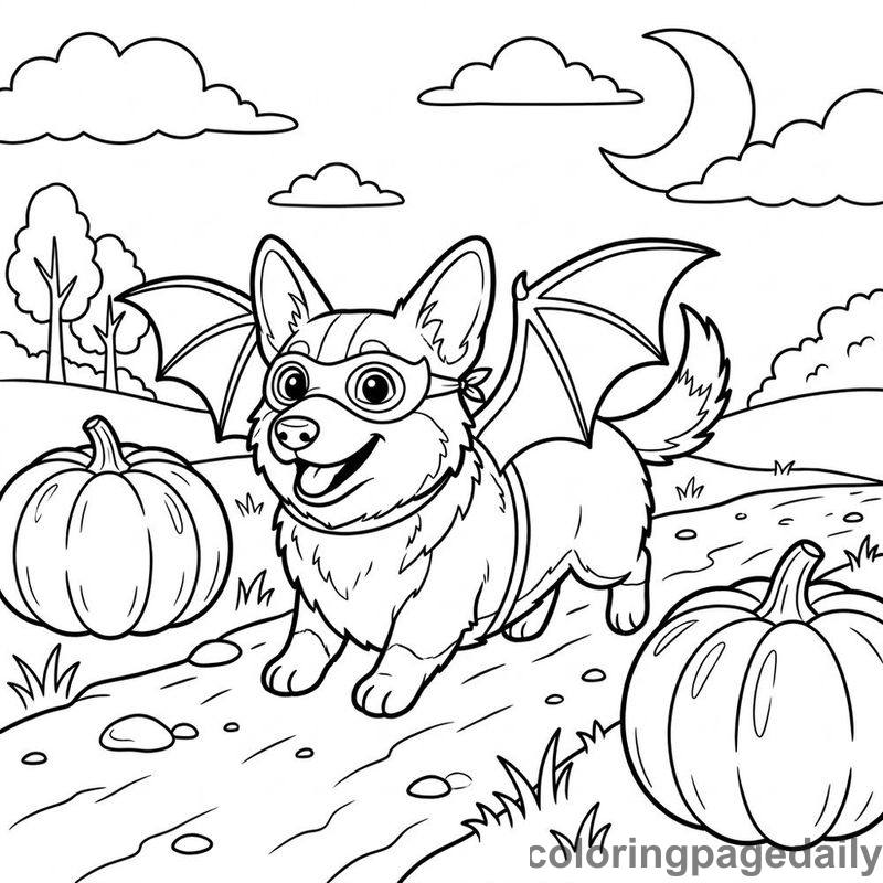 Corgi Wearing Bat Wings - Daily printable coloring page in Halloween and Autumn category